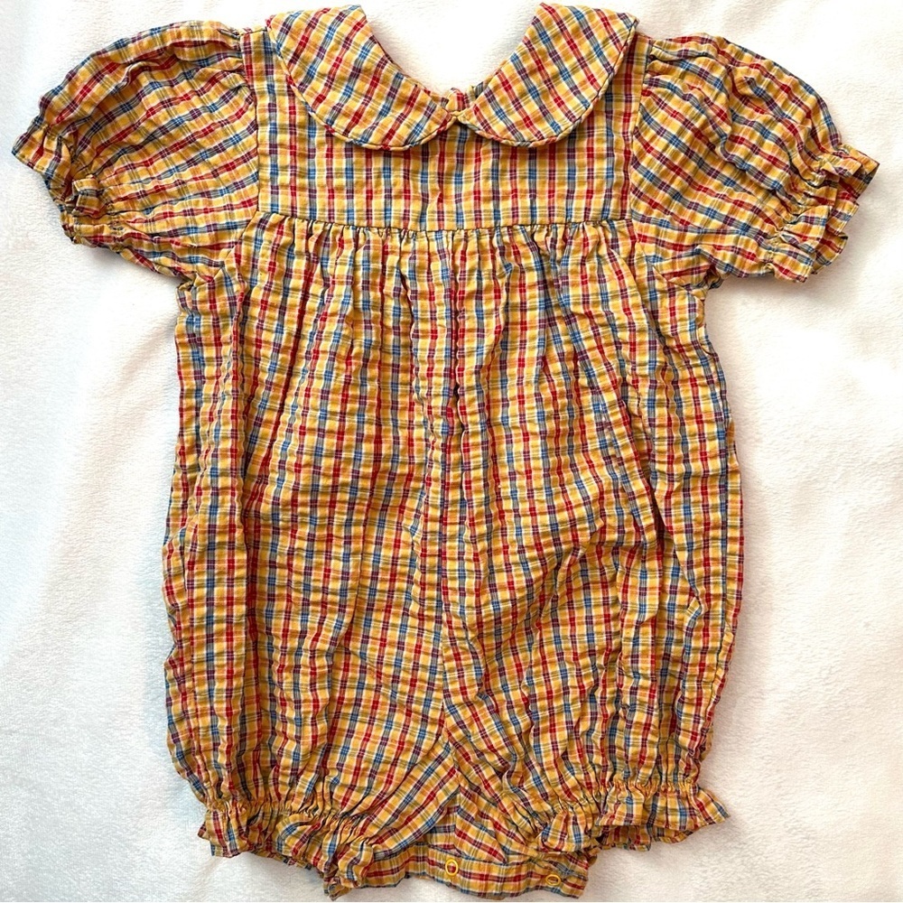 Vintage Samara Baby Girl Bubble Romper 24M One Pc Plaid Collar yellow blue red